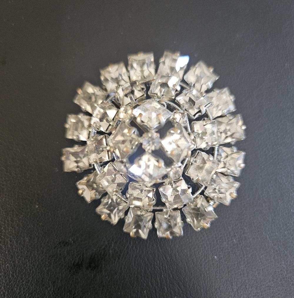 Vintage Round Rhinestone Cluster Brooch Marked Czech